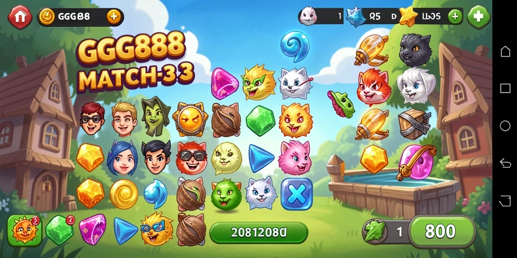 Screenshot GGG888 menunjukkan gameplay seru dan tantangan Match-3 yang menarik.