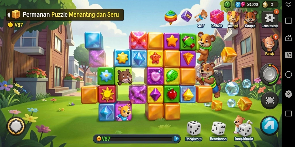Tampilan gameplay V87 dengan berbagai teka-teki menantang dan warna-warni.